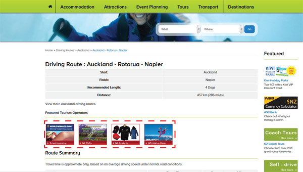 Driving Routes Small Ad Example, Advertising Opportunities with New Zealand Tourism Guide