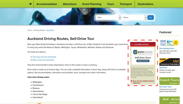Driving Routes Large Ad Example, Advertising Opportunities with New Zealand Tourism Guide